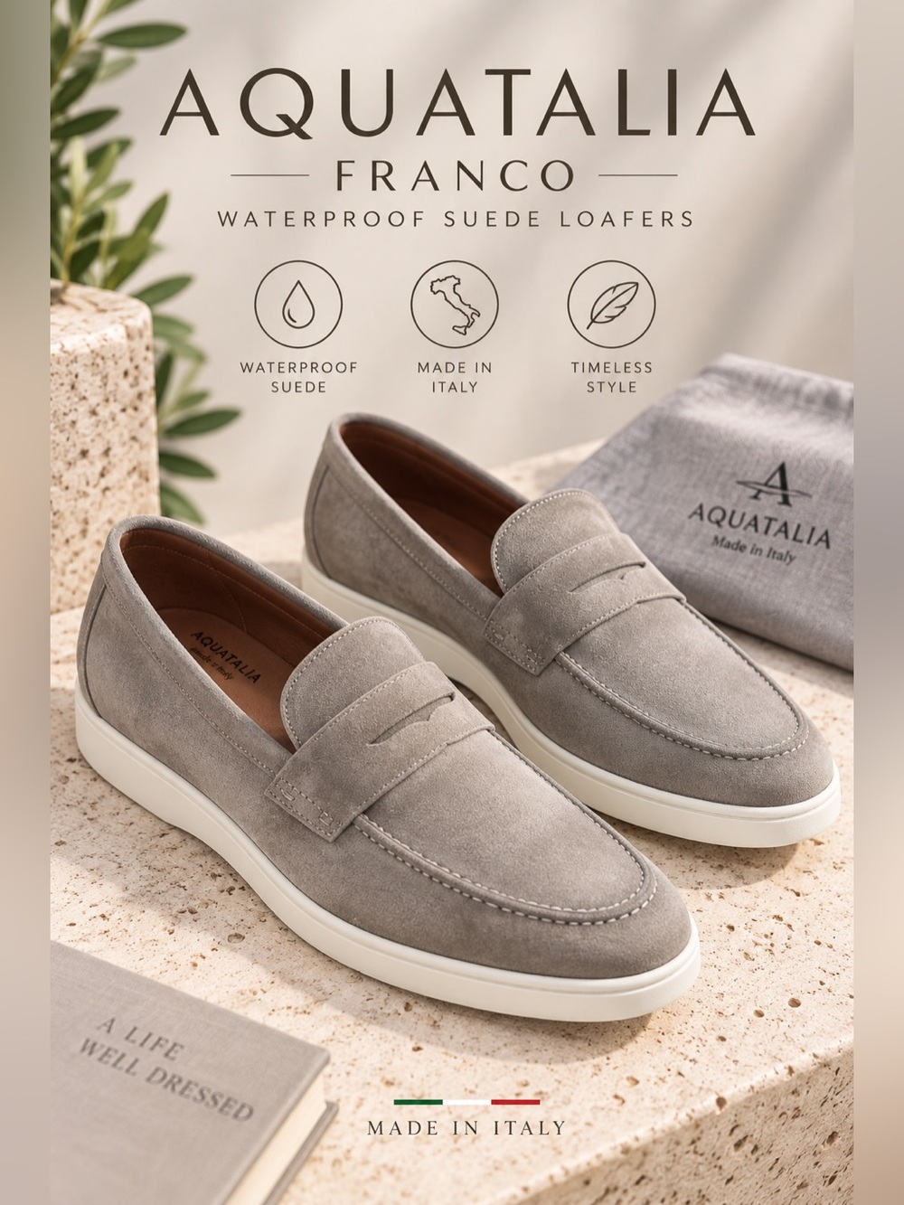 Aquatalia Franco Waterproof Suede Loafers Men’s 11 Color Cobblestone